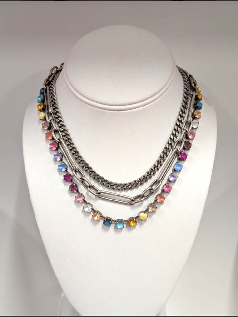 TOVA Antique Layered Silver Chain Necklace with Multicolor Swarovski Crystals